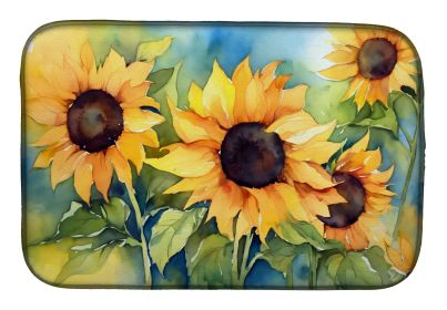 Sunflowers in Watercolor Dish Drying Mat Absorbent Dish Drying Mat Pad for Kitchen Counter Dish Drainer Mat for Countertop, 14 x 21", Multicolor