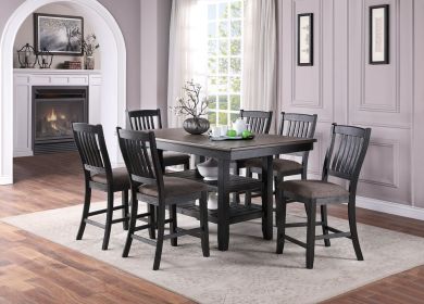 Transitional Dining Room 7pc Set Dark Coffee Rubberwood Counter Height Dining Table w 2x Shelfs and 6x High Chairs Fabric Upholstered seats Uniqu